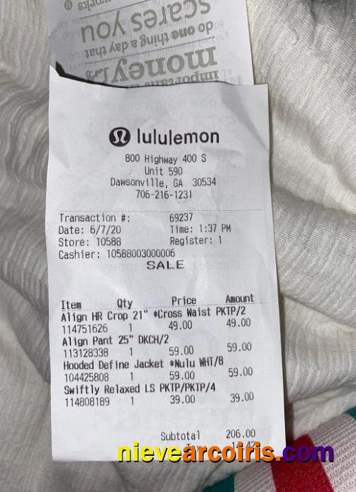 Lululemon store payment receipt